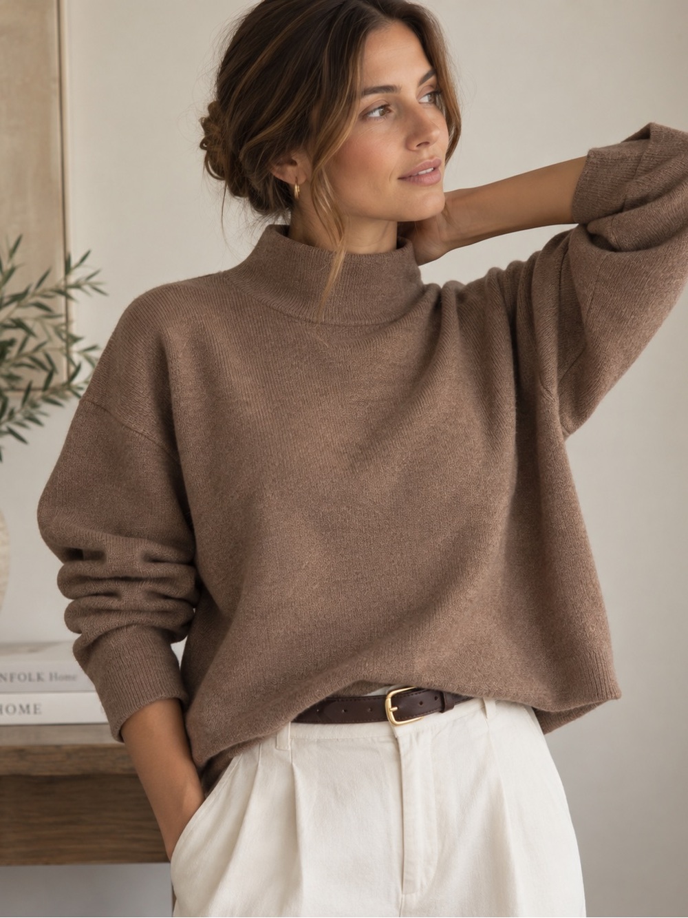 Quince Wool Blend Mock Neck Sweater Taupe Brown Size S